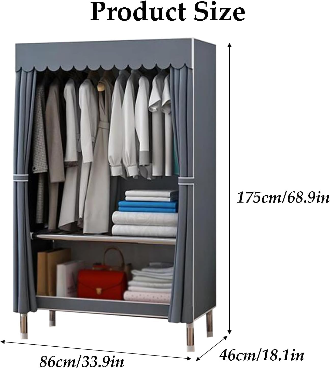large closets Wardrobe Closet Thick Metal Frame Clothes Closet Cloth Closets for Bedroom 86cm/ 110cm/ 130cm/ 170cm Portable Wardrobe Space-saving