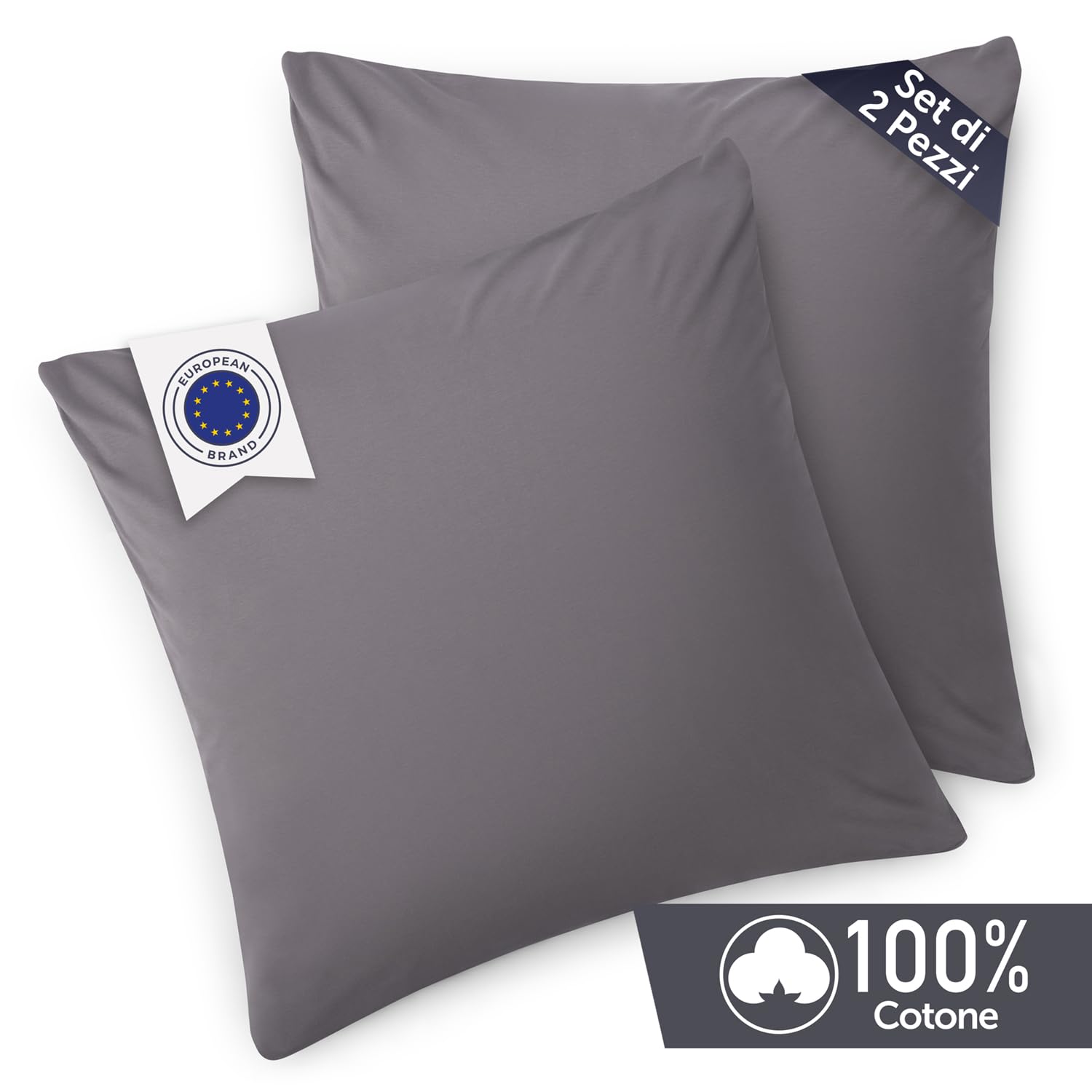 Blumtal Federe Cuscini Letto Matrimoniale Cotone - Federe Cuscini 80x80-100% Cotone, Set di 2 Federe in Jersey con Cerniera, Federa certificate Oeko-Tex, Federe Cuscino Letto - Grigio