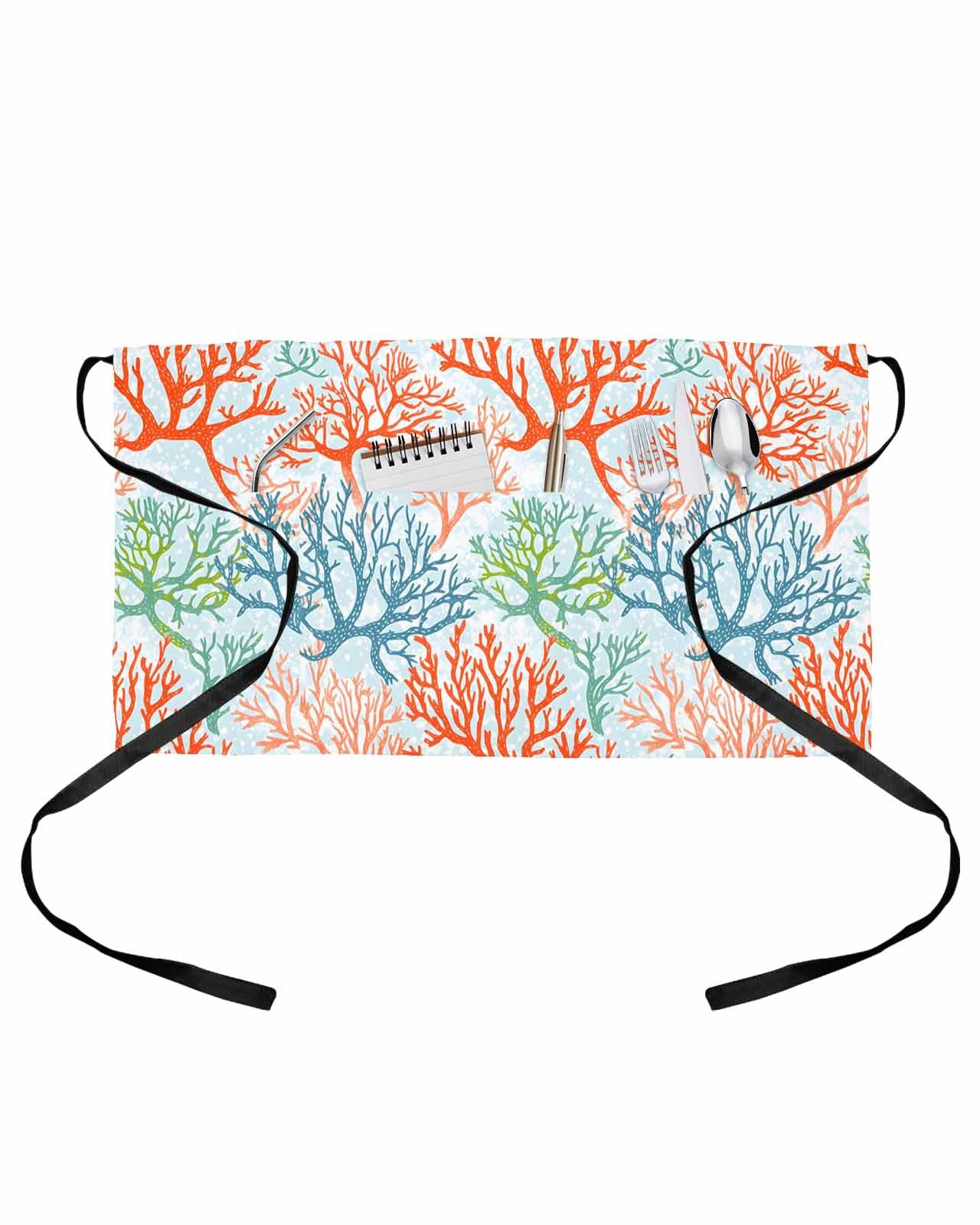 PIEPLE Ocean Coral Server Apron Waitress Aprons with 3 Pockets, Orange Red Green Turquoise Plant Branch Half Waist Waiter Aprons Restaurant Chef Aprons for Women Men