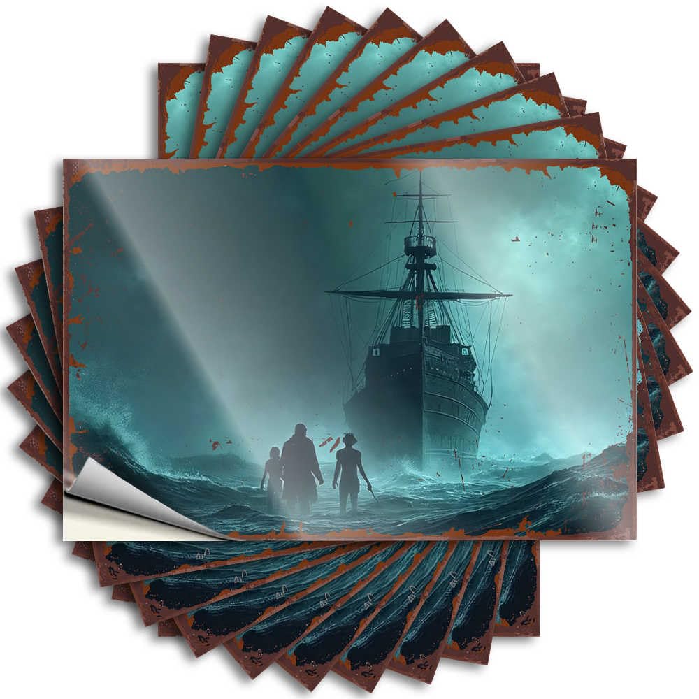 Boys Southern Decals - Silhouettes Against The Stormy Sea: A Mysterious Ship in The Dist Removable Decal Helmet Easy Peel for Billiard(8X12CM)