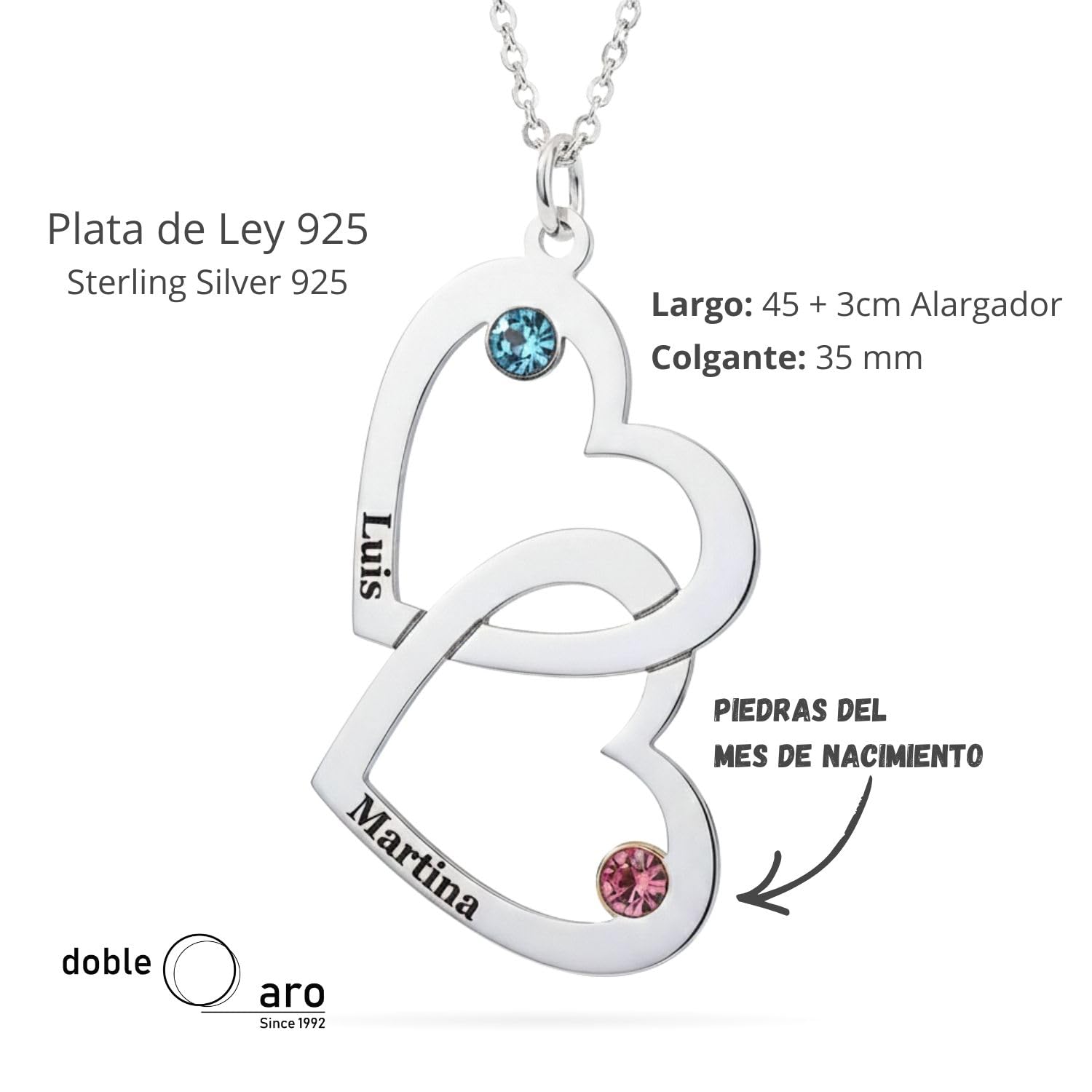 Collar de Plata con Corazones Personalizado - Colgante Personalizado con Nombres y Piedras en Plata de Ley, ideal para regalar