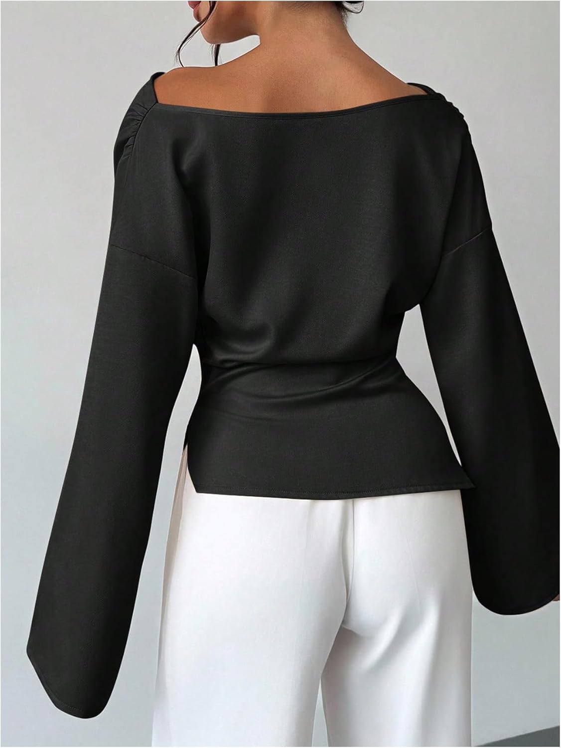 MakeMeChic Women's Cowl Neck Satin Blouse Bell Sleeve Drop Shoulder Elegant Blouse Work Tops Fall Clothes - Image 3