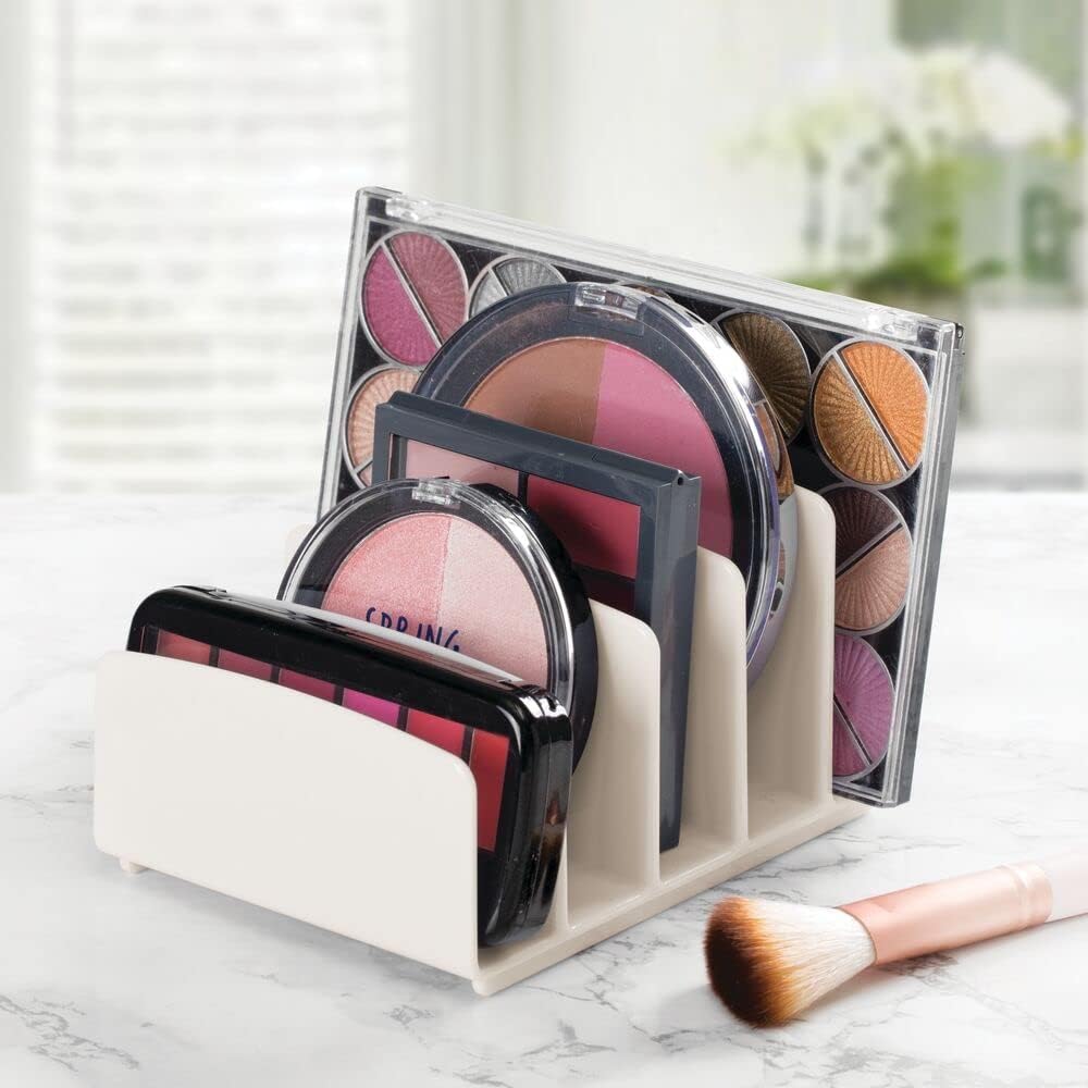 mDesign Plastic Divided Makeup Organizer for Bathroom Countertops, Vanities, Cabinets - Cosmetic Storage Solution for, Eyeshadow Palettes, Contour Kits, Blush, Face Powder - 5 Sections, 2 Pack - Cream