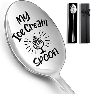 Kisjo Engraved Stainless Steel Ice Cream Spoon - 7.5" Long Handle Coffee Spoon, Perfect Birthday Christmas Gift for Women Men Friends Mom