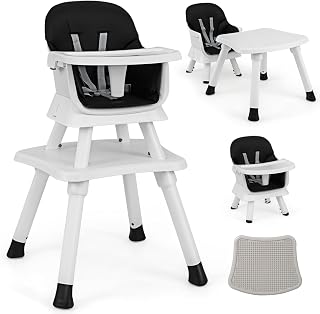 COSTWAY Silla Alta Bebés, Trona Evolutiva Portátil, Silla de Alimentación 5 Puntos, Bandeja y Cojín Desmontables (Negro)