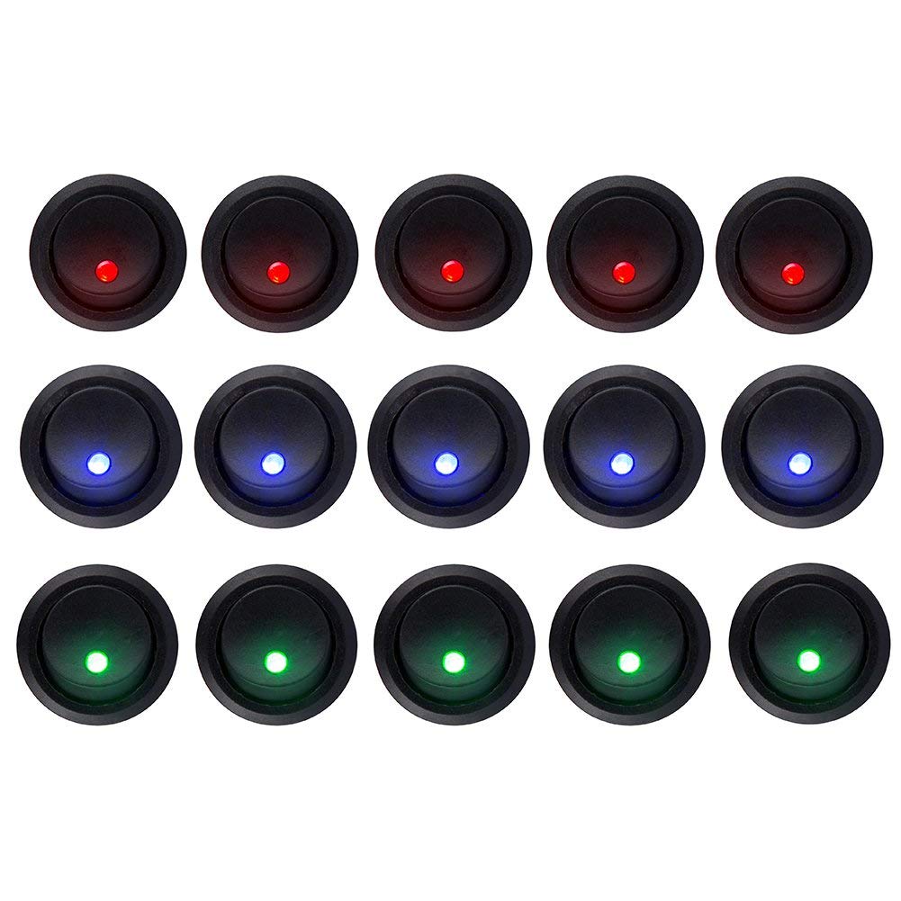 HOTSYSTEM 5Blue+5Red+5Green Dot Led Light Round Rocker Toggle Switch Spst On-Off Control for Car Truck