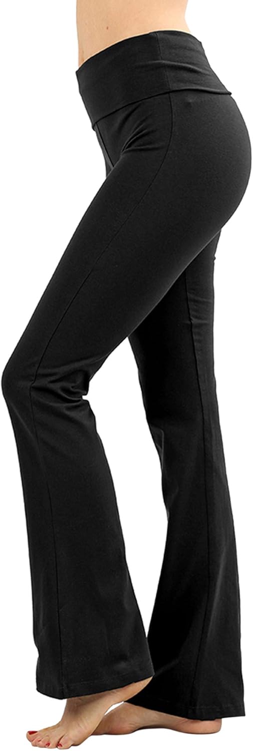 Womens & Plus Stretch Cotton Foldover Waist Bootcut Workout Yoga Pants, (Black, 1X)