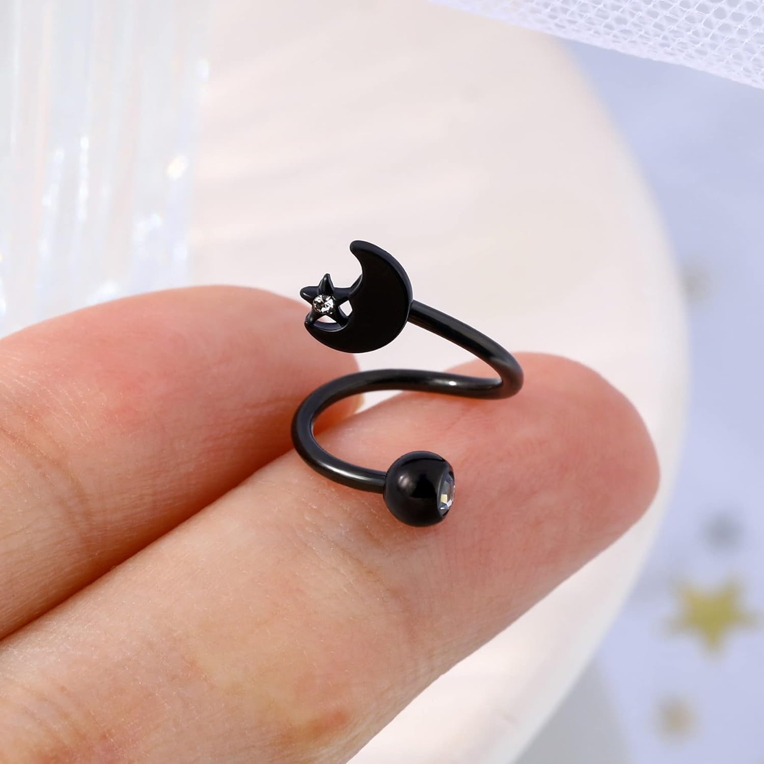 Melighting Twist Helix Earrings 16G Black Moon Cartilage Earring Clear CZ Surgical Steel 316L Star Tragus Piercing Jewelry Labret Piercing Helix Piercing Women - Image 2