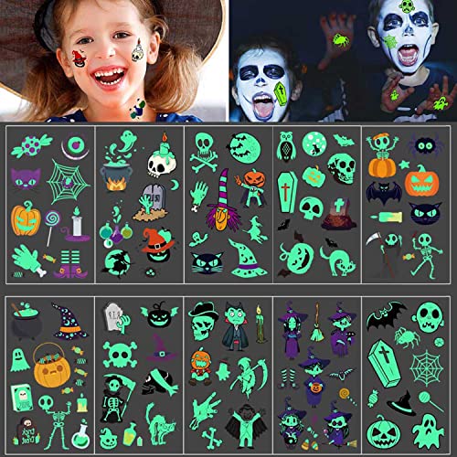 Tatouage Temporaire Enfant, Lumineux Halloween Tatouage Ephémère Autocollant, Halloween Kit Tatouage pour Garcon Filles Enfant fête d'halloween Cadeau Annivairesaire Cover