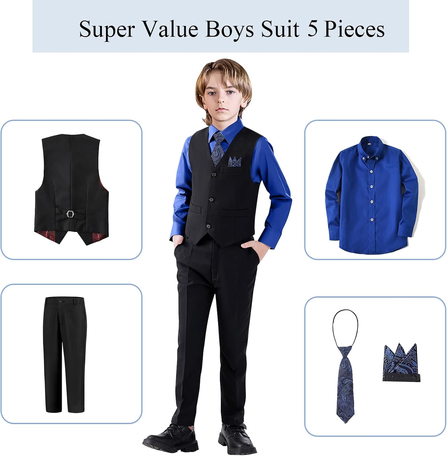 Boy's 5-Piece Suit, Boys' Formal Suit Set with Vest Pants and Tie, Boys Formal Dresswear Vest Set, Toddler Boy Vest Set