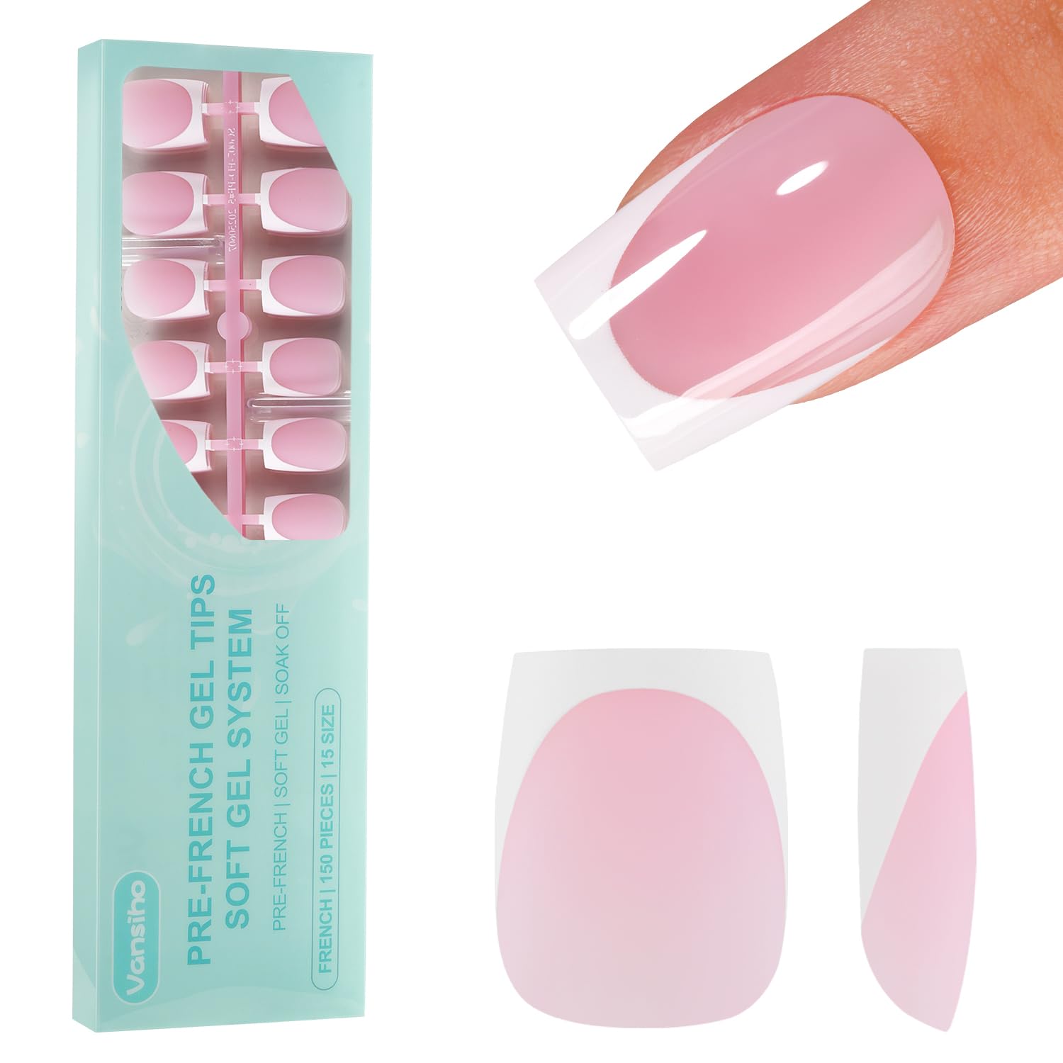 Vansiho French Tip Press on Nails - Pink Short Square Gel