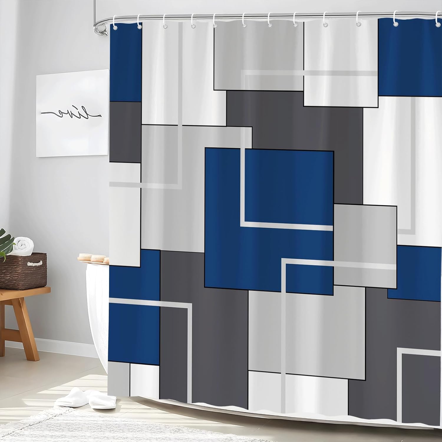 Geometric Shower Curtain Abstract Geometry Mid Century Patchwork Contemporary Fashion Pink Simple Polyester Bathroom Decor Set with Hooks 70Wx90H Inch