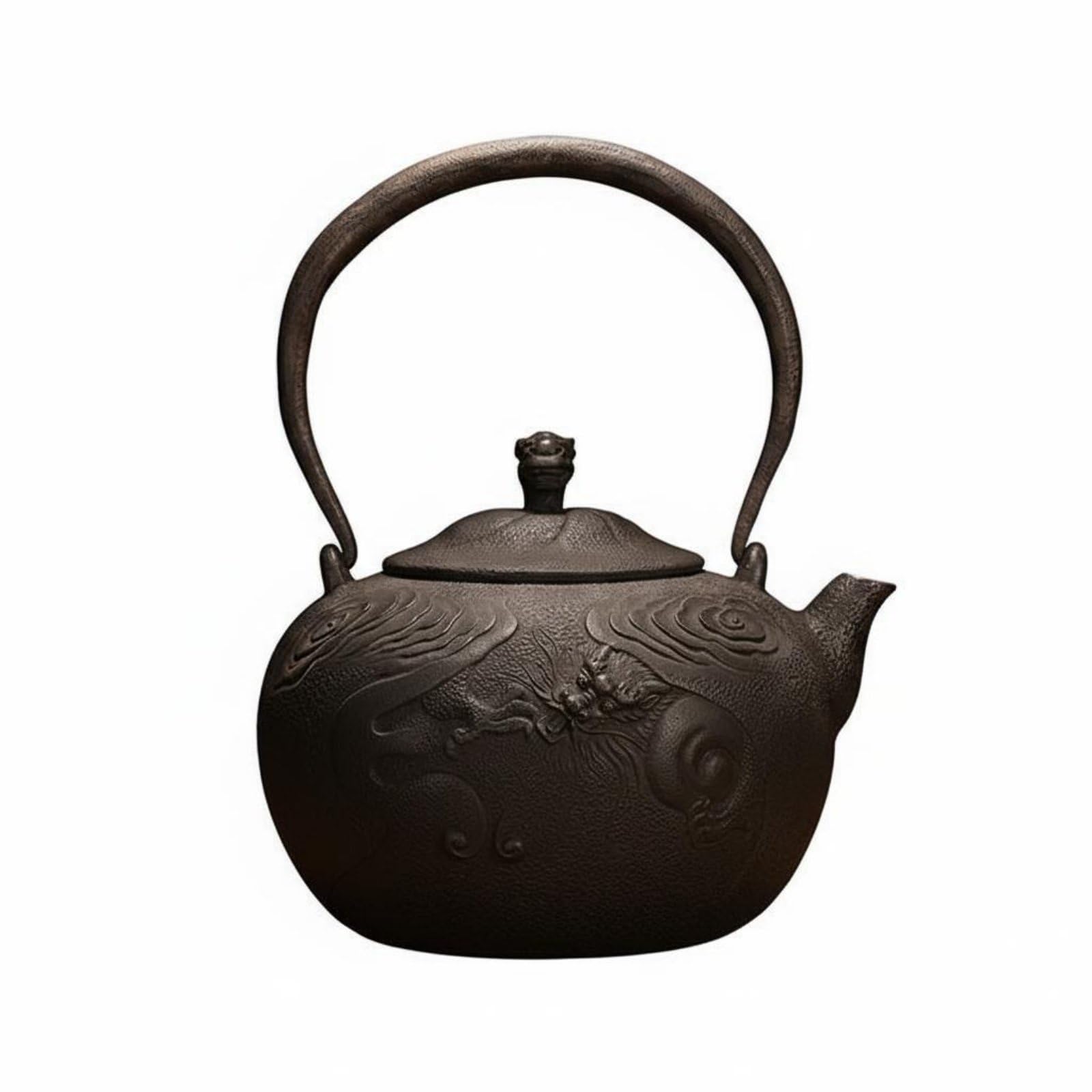Tetera de Hierro Fundido Tetera Tetera de Hierro Hervidor Teterera con Textura Artesanal Relieve de Dragón y Detalles, Tetera De Hierro Fundido Negra Con Dragón Oculto Y Nubes, 1.4 Litros