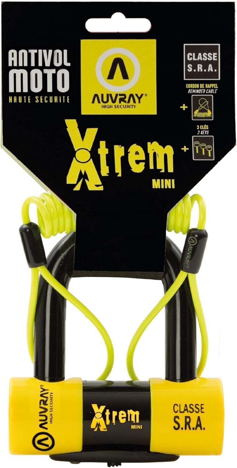 AUVRAY - Antivol moto bloque disque MINI U - BLOCK DISC XTREM MINI - Haute sécurité - Cordon de rappel-Certifié SRA et ART-Recommandé par les assurances-Résistance maximale-Double système verrouillage