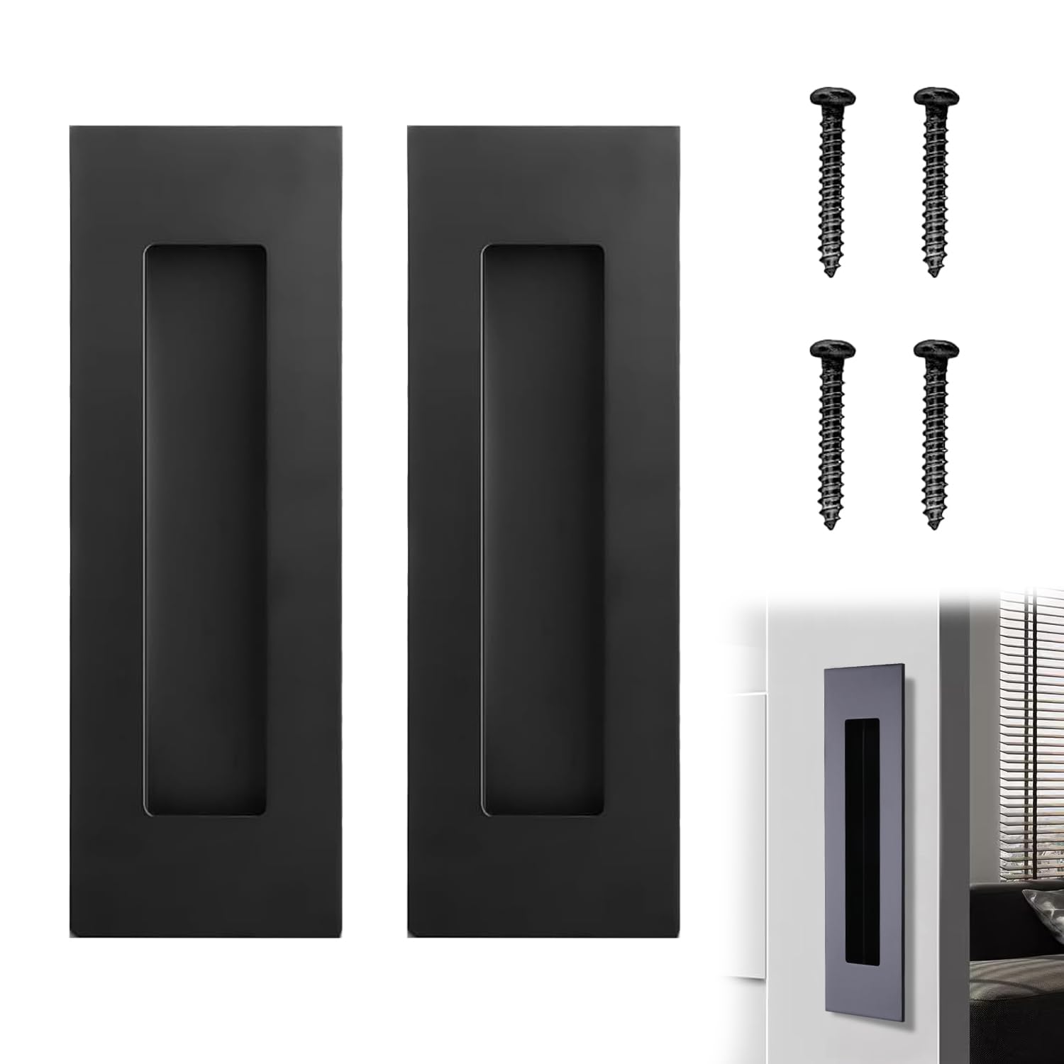 ACKKOR 2 Pcs 150MM Pocket Door Pull Handles, 304 Stainless Steel Sliding Door Handles Recessed Finger Pull for Closet and Large Drawer (Black)