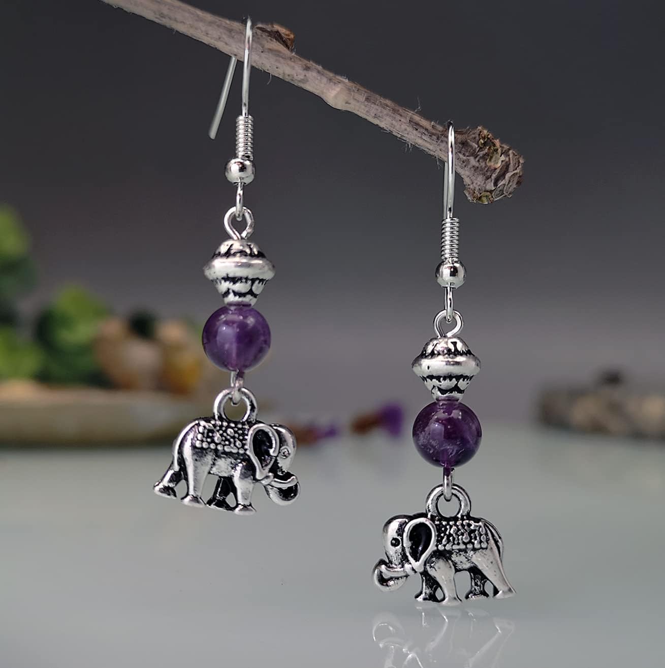 SUKKCCNO Vintage 925 Sterling Silver Elephant Amethyst/Emerald Drop Earrings Lucky Animal Theme Hypoallergenic Studs Earrings Jewelry Gift for Women - Image 2
