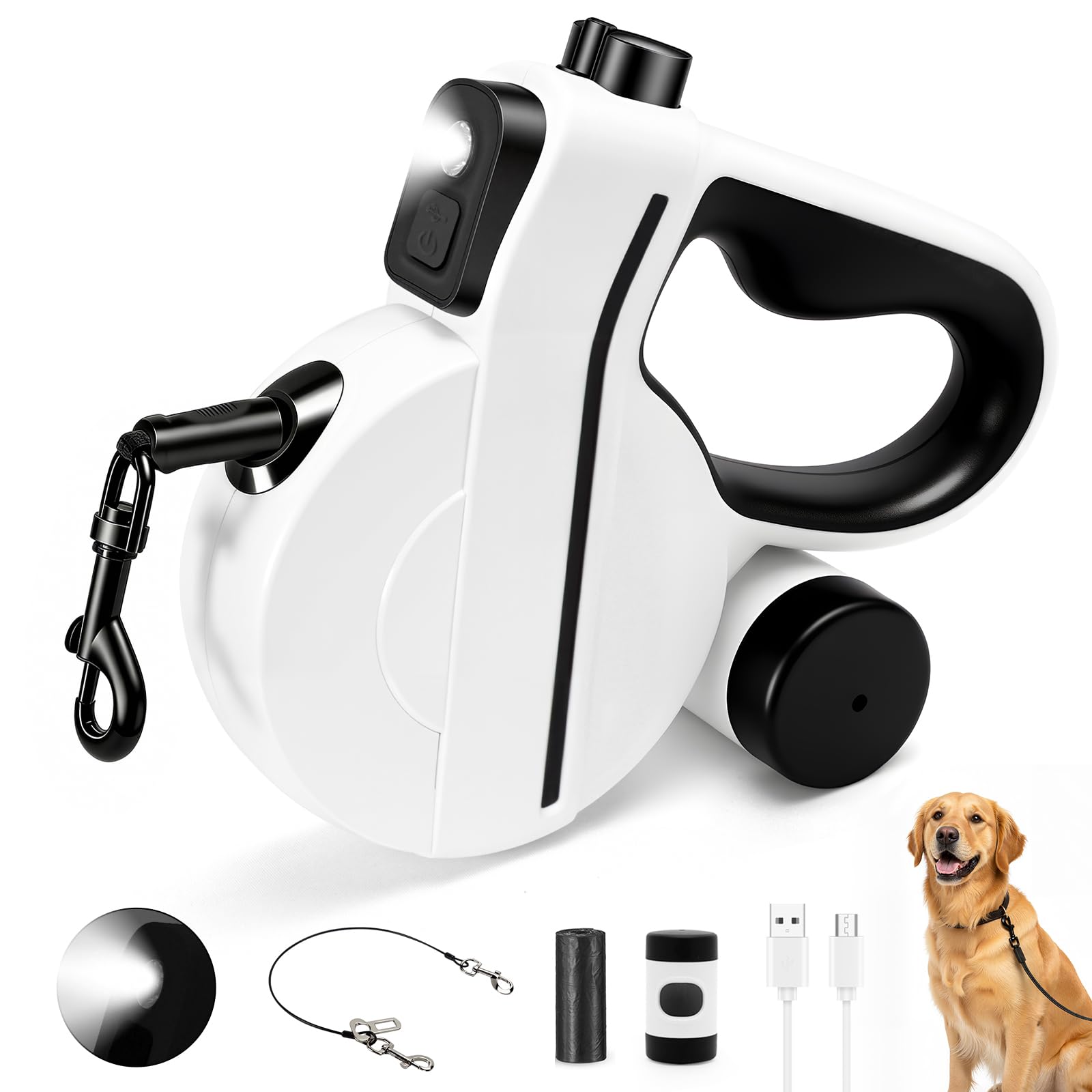 Einziehbare Hundeleine mit LED-Licht für nächtliche Spaziergänge, einziehbare Hundeleine mit Kotbeuteln für mittelgroße Hunde, Schnellverriegelung und rutschfester Griff (WHT&BLK)