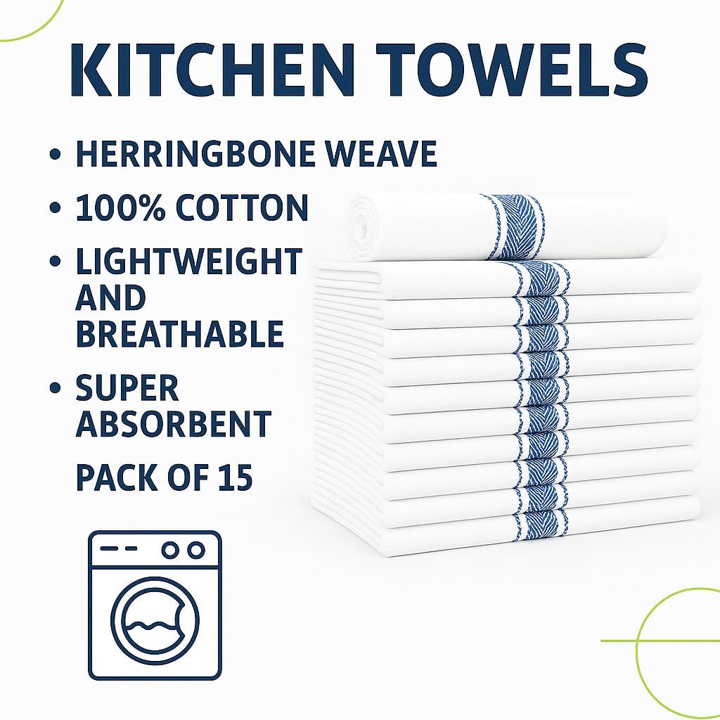 15 Pack Kitchen Towels - 15x26 - Herringbone Weave 100% Cotton Dish Cloths - Lightweight and Breathable - Super Absorbent Flour Sack Towels - for Hotels, Homes and Restaurants