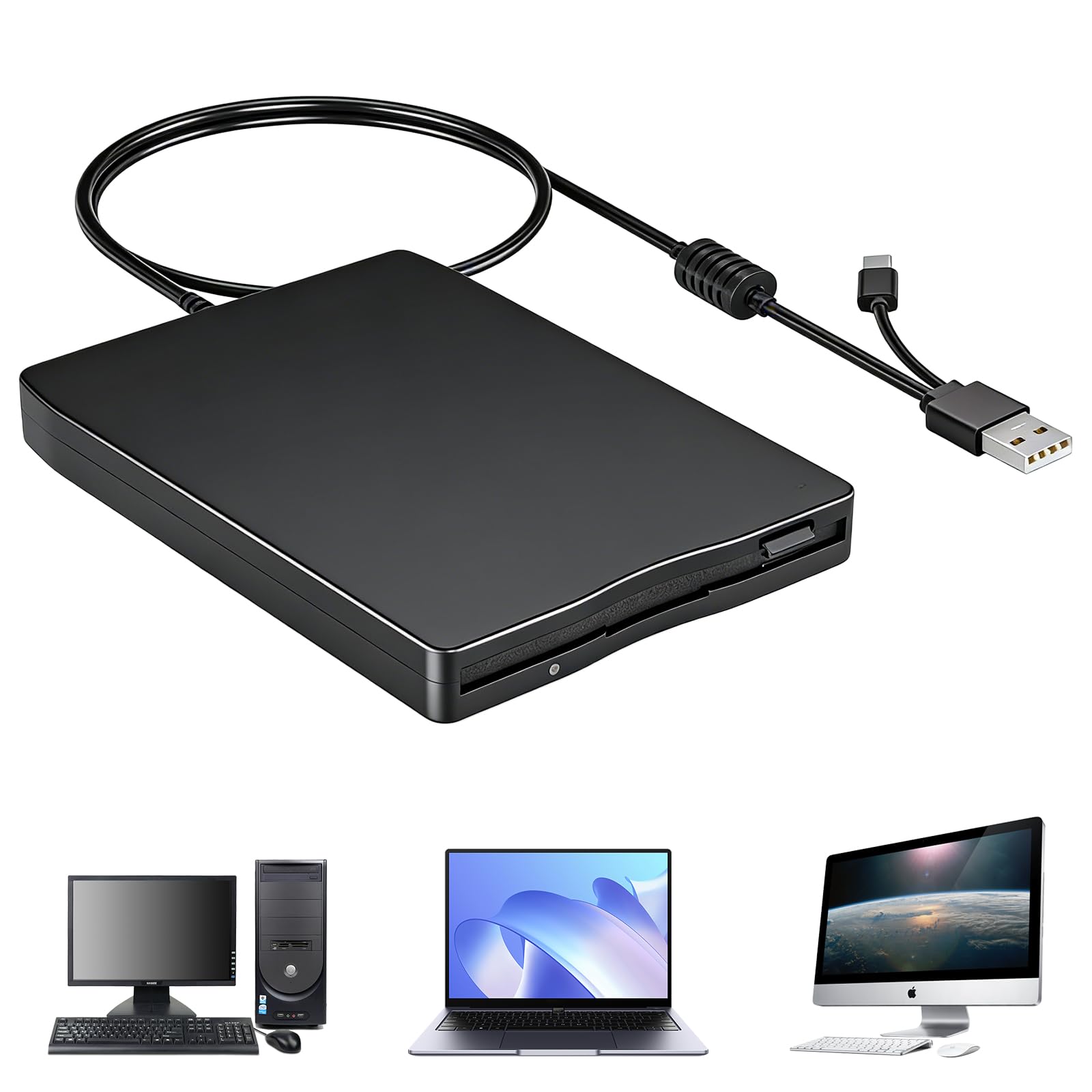 GBKDQQ Unidad de disquete externa USB portátil FDD 1,44 MB 3,5 pulgadas: Slimline Floppy Disk Drive Lector de tarjetas externas Accesorios de ordenador Extraíble Externo Compatible con PC y MAC, Plug