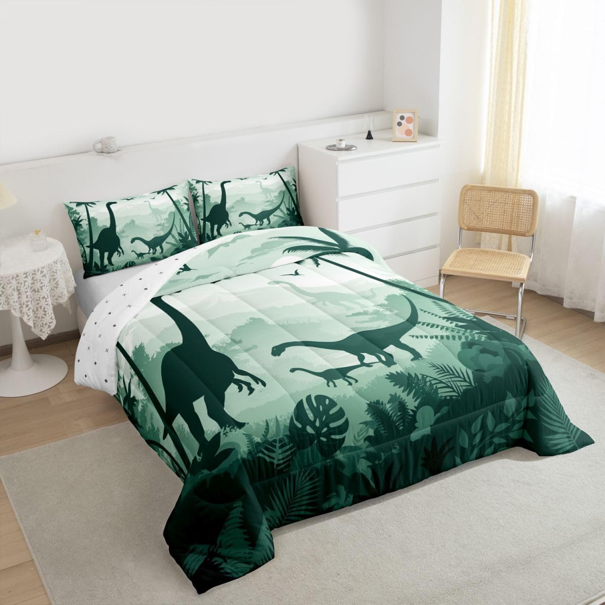 jejeloiu Dinosaur Comforter Set Full Size Jungle Dino Bedding Set for Kids Boys Girls 3D Dino Print Duvet Quilt Bedroom Decor Microfiber 3 Pcs with 2 Pillow Cases image 3