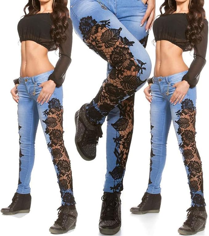 Women's Sexy Hollow Out High Waist Jeans Lace Skinny Floral Appliques Pencil Jeans Stretch Slim Hole Fitness Denim2