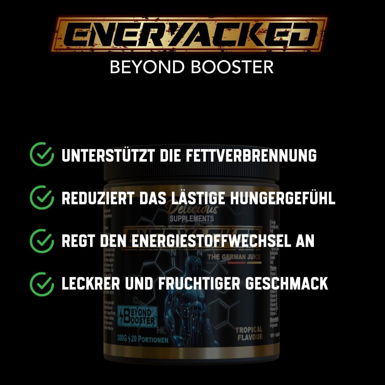 Eneryacked Booster - Pre Workout Booster mit Kreatin Monohydrat, Koffein & Aminosäuren - 60 Portionen (900g) - für Fokusphasen beim Training, mit Geschmack - Delicious Supplements - Made in Germany