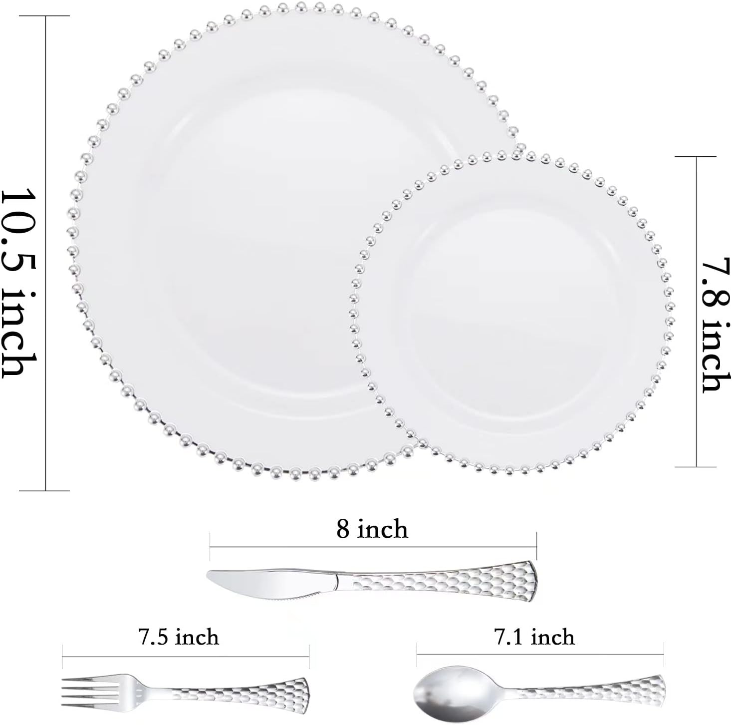 HOMIP 75PCS Fancy Disposable Dinnerware Party Set, 15 Dinner Plates 15 Dessert Plates with Silver Bead Rimed, 15 Silver Spoons, 15 Knives, 15 Forks, Plastic Silverware for Wedding Birthday Party - Image 2