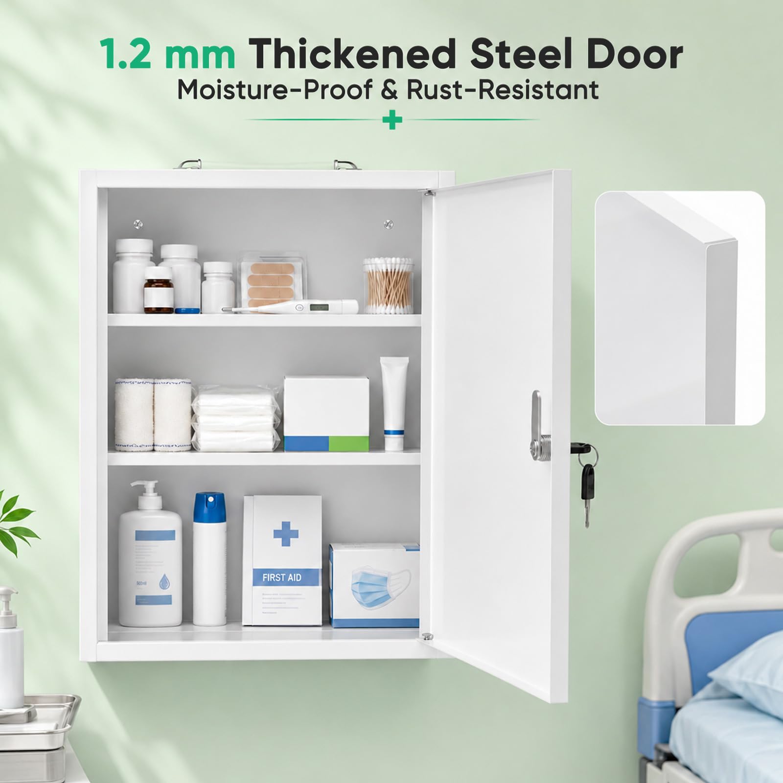 Wandmontierter Medizinschrank, abschließbar, 1,2 mm Stahl, feuchtigkeitsbeständig, rostbeständig, Verbandskasten, 3-stufige Aufbewahrung mit 2 Schlüsseln & Montagematerial für Badezimmer und Zuhause
