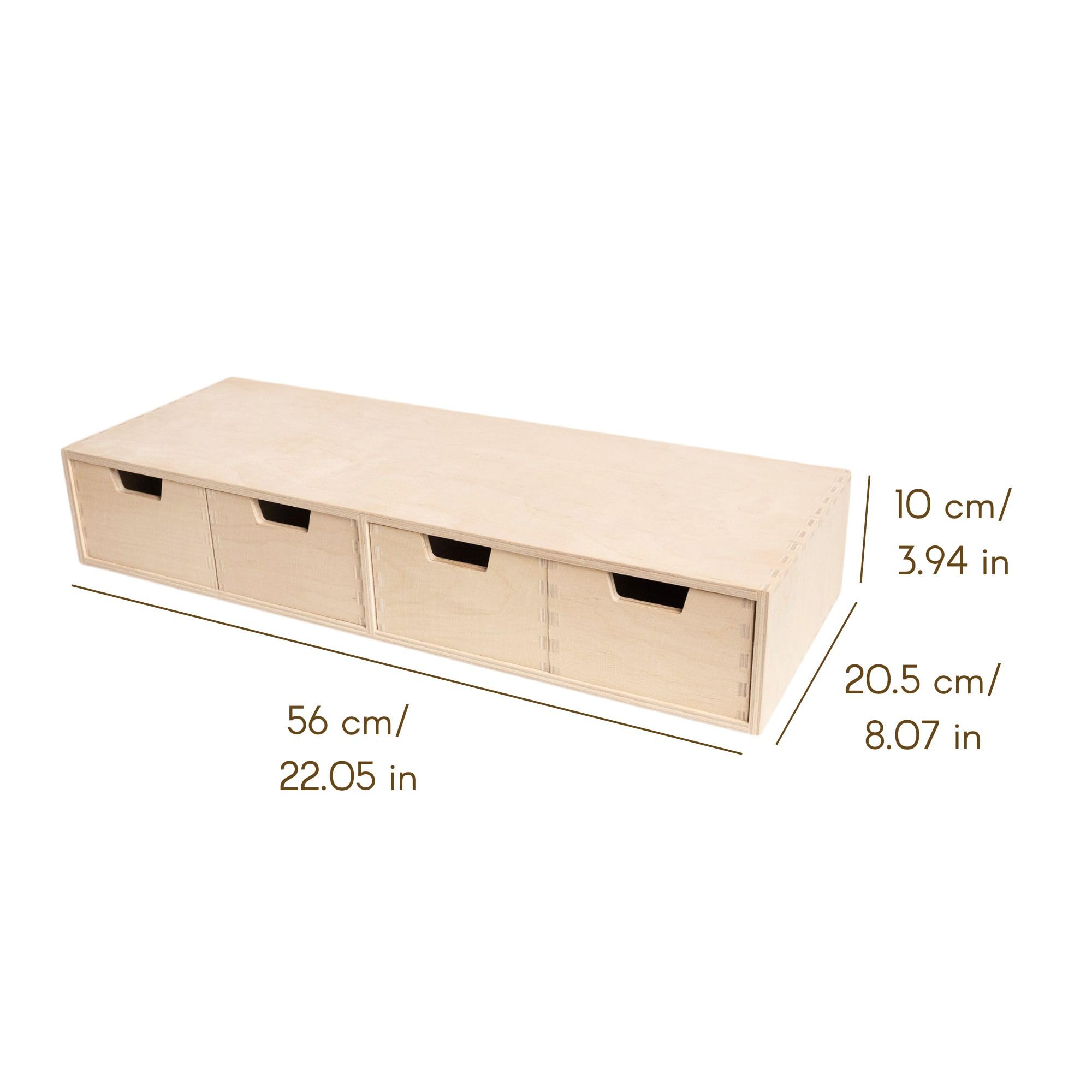 Creative Deco Mini Cassettiera in Legno | 4 Cassetti | 56 x 20,5 x 10 cm (+/- 1 cm) | Scatola Armadio di Stoccaggio | Compensato non Verniciato | Perfetto per Conservare. Decoupage e Decorazioni