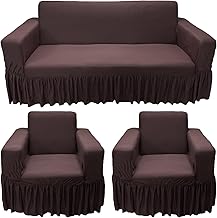 Gifts Island® Sofa Cover 5 Seater Fully Covered Universal Polycotton Spandex Sofa Cover with 360° Frill Non-Slip Sticky Elastic Stretchable Sofa Set Slipcover for (3+1+1 Seater) (Brown)