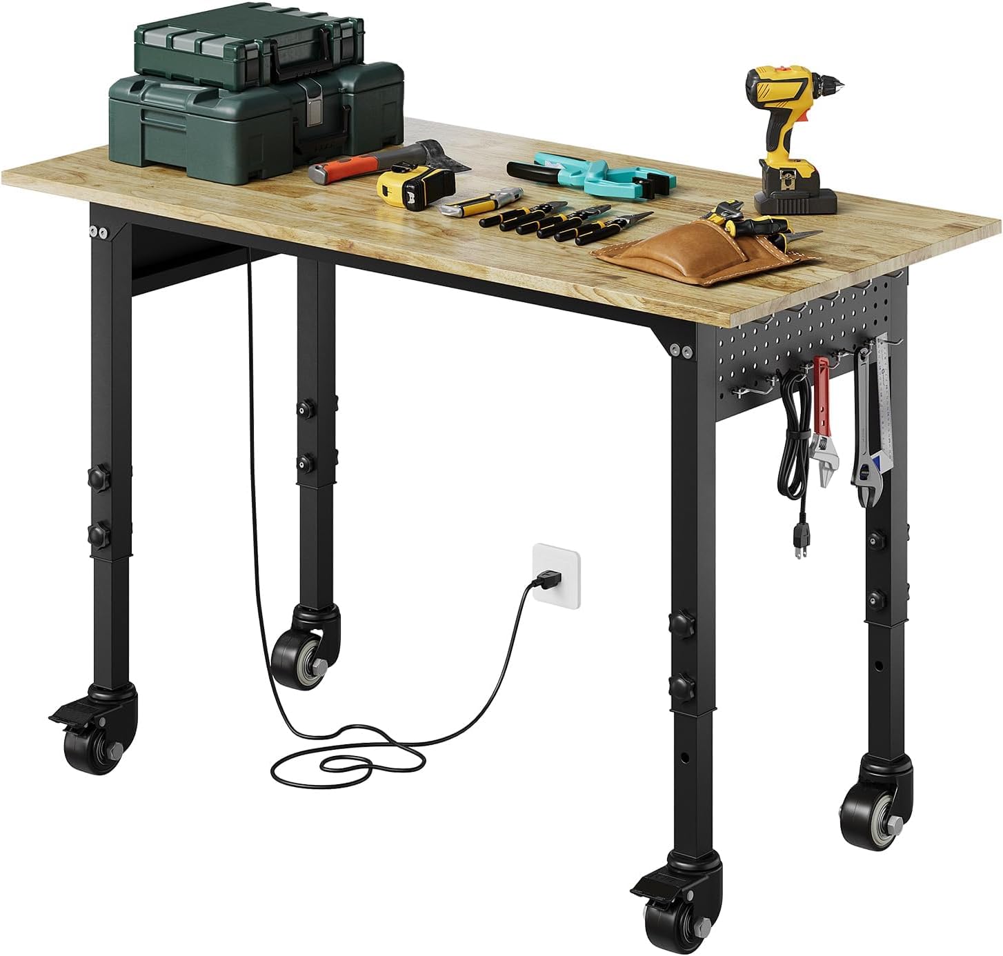 Rubber Wood Top Heavy-Duty Workbench, 48" Adjustable Workstation with Power Outlets & Wheels, Hardwood Worktable for Home Garage, Workshop,2200 LBS Load Capacity