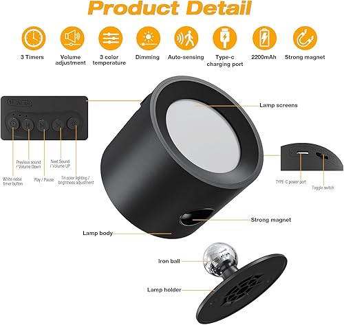 Miniatura 7 de Máquina de sonido de ruido blanco 2 en 1 y aplique de pared LED con 30 sonidos relajantes, temporizador para dormir, sensor de movimiento, luz