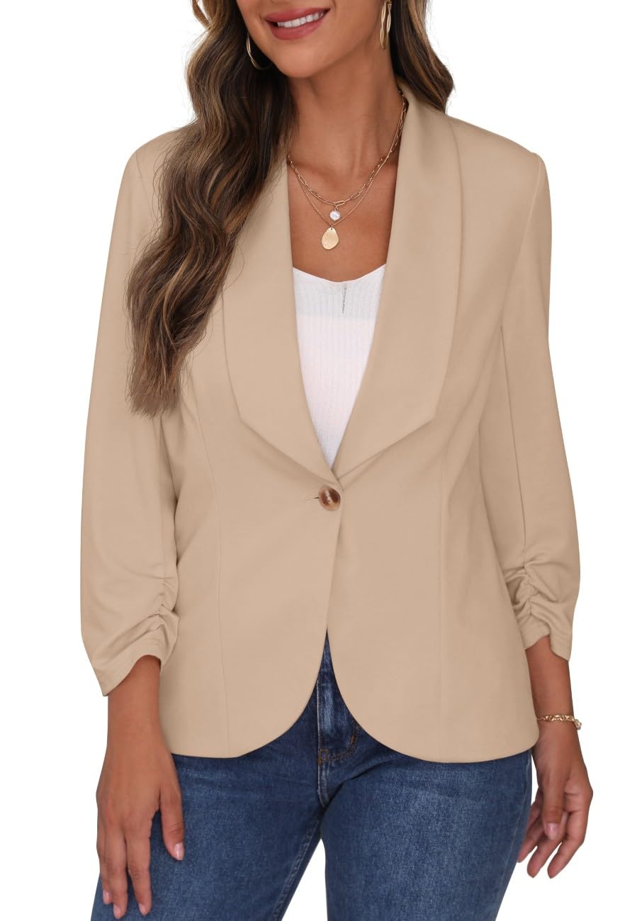 PrinStory Blazer pour femme, col à revers, manches 3/4, froncées, veste de costume, cardigan à un bouton, blazer court, tenue décontractée pour le bureau