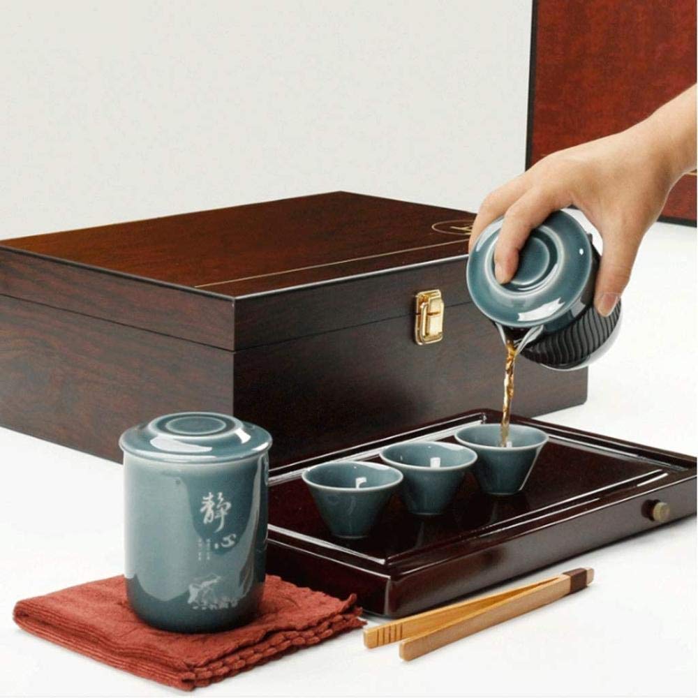 Service à thé chinois en céramique Kung Fu - Plateau à thé en bois massif - Coffret cadeau - A, B
