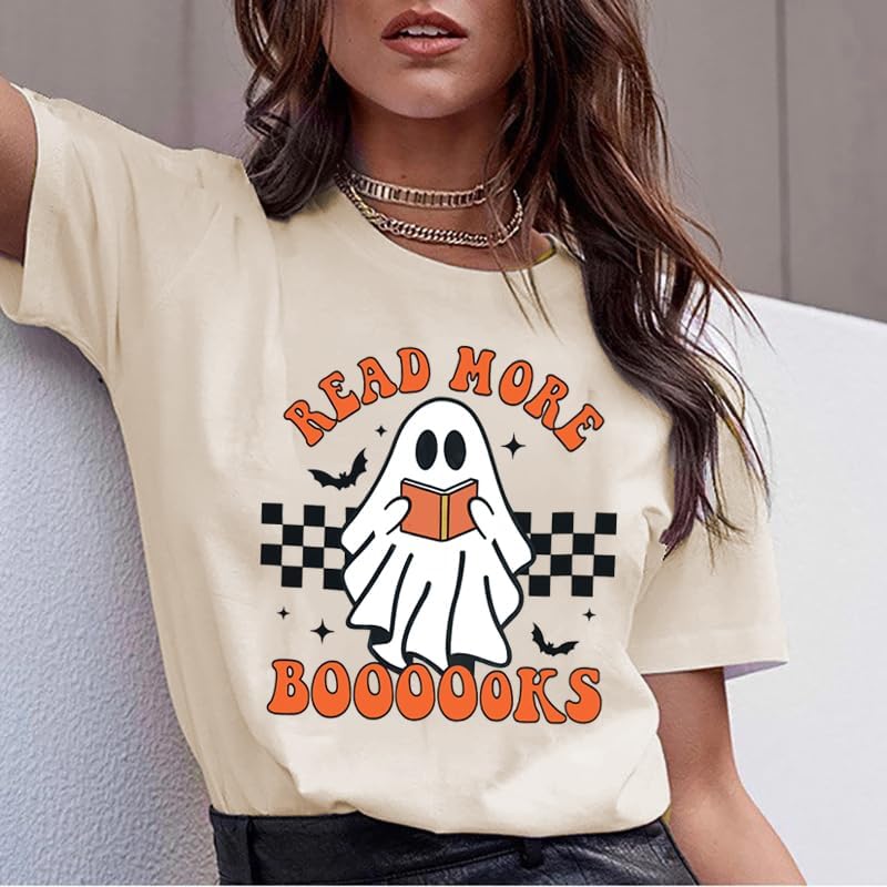 Halloween Teacher Shirts for Women Groovy Read More Books Ghost T-Shirt Short Sleeve Halloween Party Tee Tops - Image 3