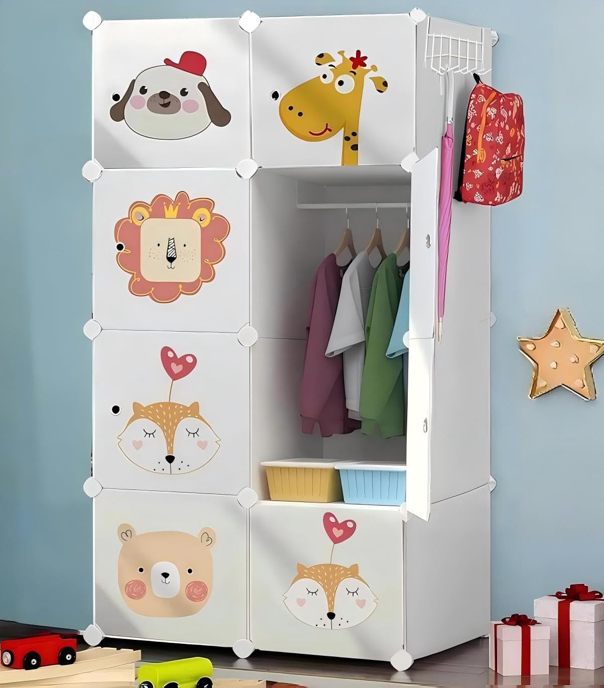 CoolLeaf Plastic Wardrobe for Kids, 8-Cubes Cupboard for Bedroom with Soft Sheet Cubes and Hanging Rail, Almirah Plastic Storage Baby Clothes/Toys/Books, White Cartoon-image-35