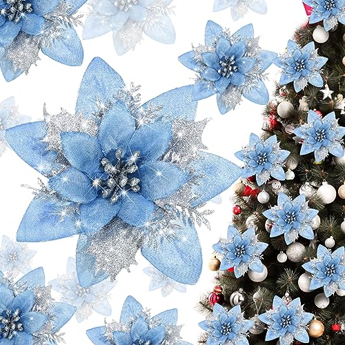 Geosar 36 Pieces Glitter Christmas Poinsettia Artificial Xmas Flower Ornaments Flowers Decorations with Clips and Stem Glitter Poinsettia Christmas Tree Ornaments for Xmas Wedding (Light Blue Silver)