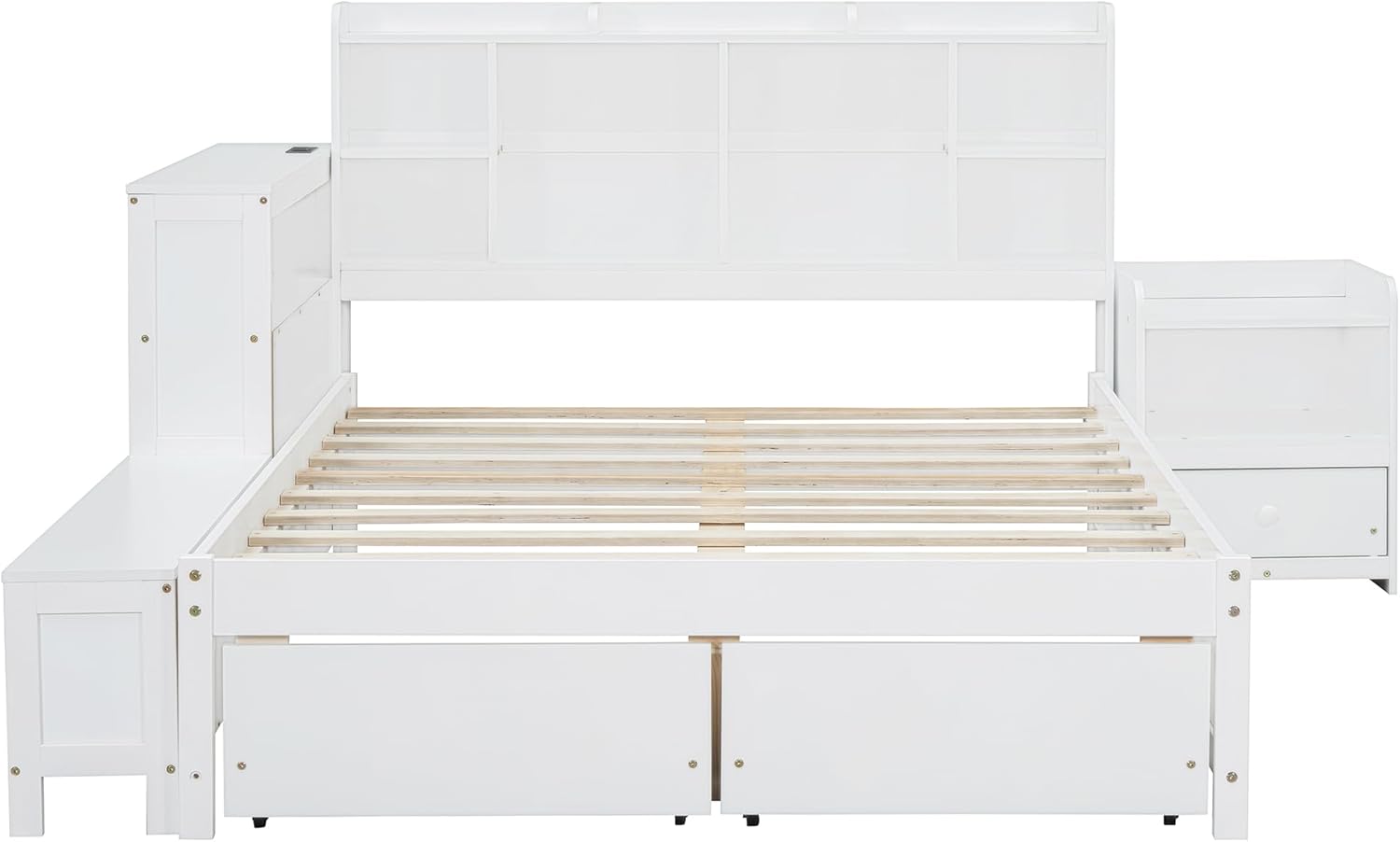 KE'VERSO Full Size Bed Frame with 2 Storage Drawers, Wooden Platform Bed Frame Full Size with Nightstand, USB Ports and Desk, Storage Bedframe with Bookcase Headboard, No Box Spring Needed, White