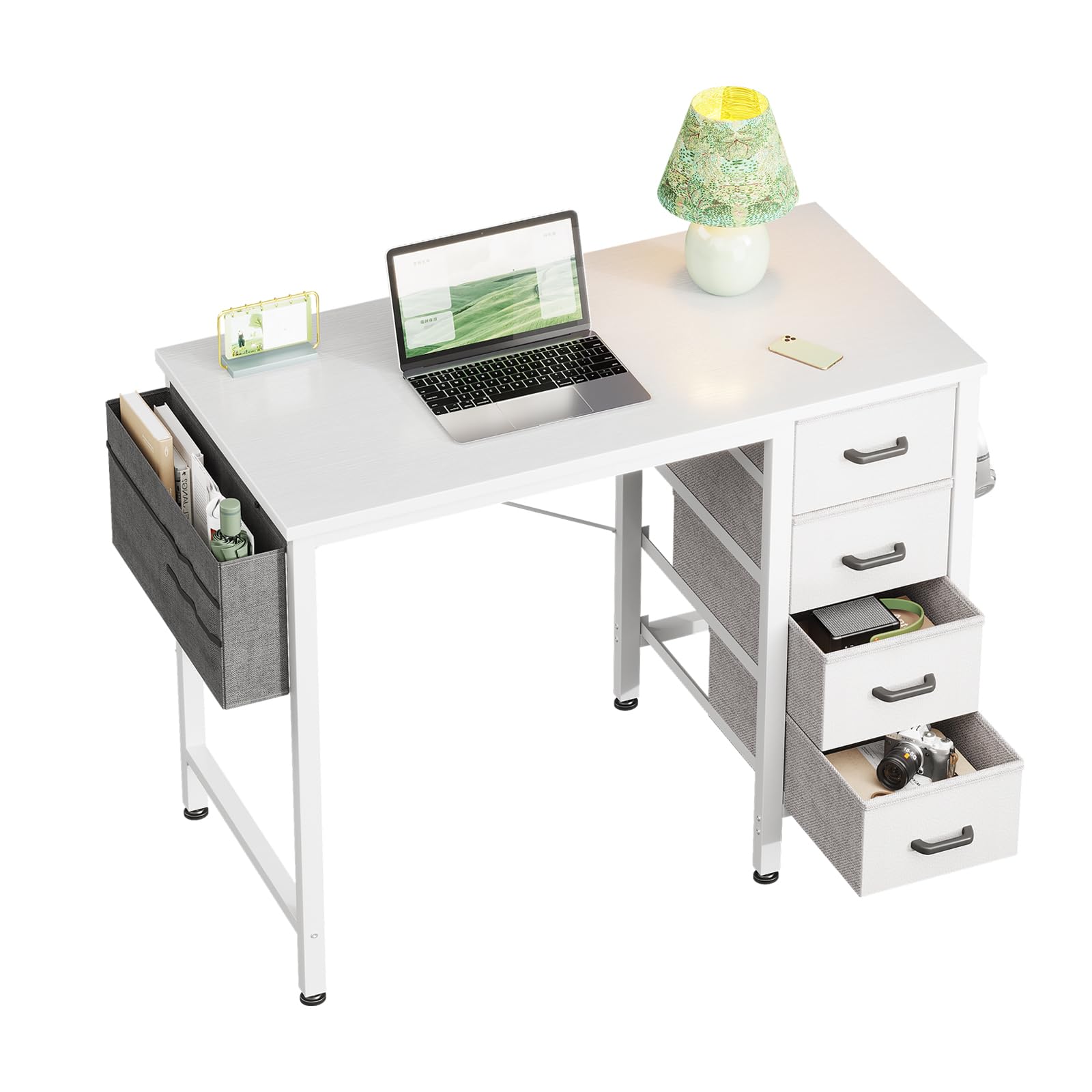 Casaottima 32 inch Small Computer Desk with 4 Fabric Drawers, Side Hook and Cloth Bag, Kids Study Table for Bedroom and Small Space, Pure White
