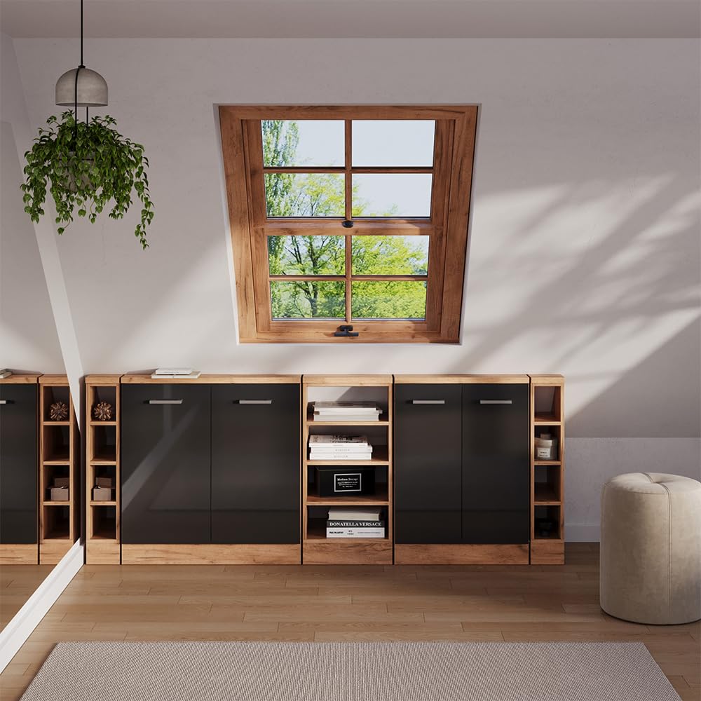 Vicco Ensemble de Meuble sous Pente Rion Anthracite Brillant/Chêne doré | L210 x P46 cm , Lot de 5, gain de place pour les pièces mansardées