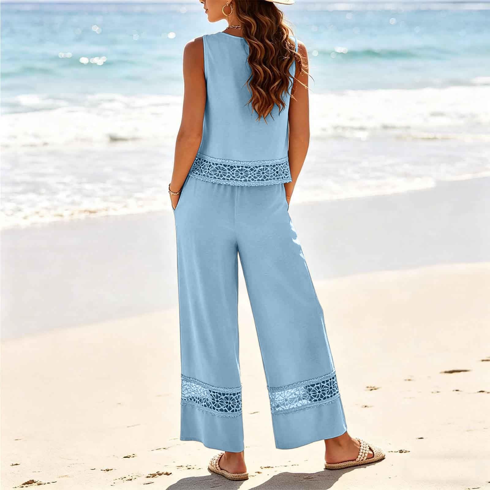 Générique Ensemble Femme Chic et Élégant Bohème, Deux Pièces Top Sans Manches Pantalon Large, Tenue Décontractée Léger Respirant pour Vacances d'Été et Sorties Quotidiennes à Dentelle 2 Pièces