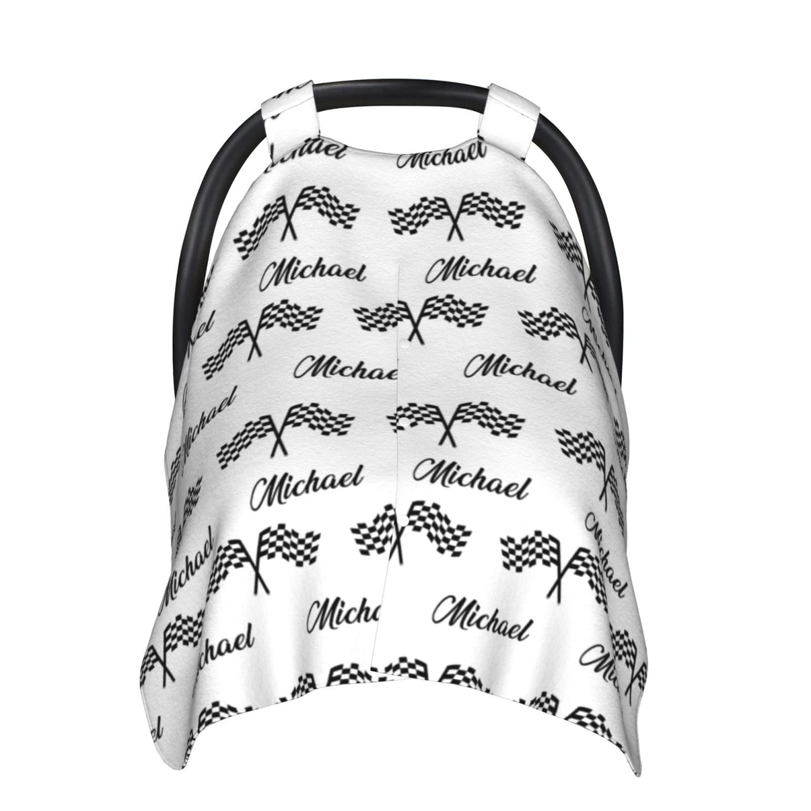 Personalized Racing and Race Flag Baby Car Seat Canopy for Babies with Name, Custom Car Seat Covers for Girls, Peekaboo Opening Minky Nursing