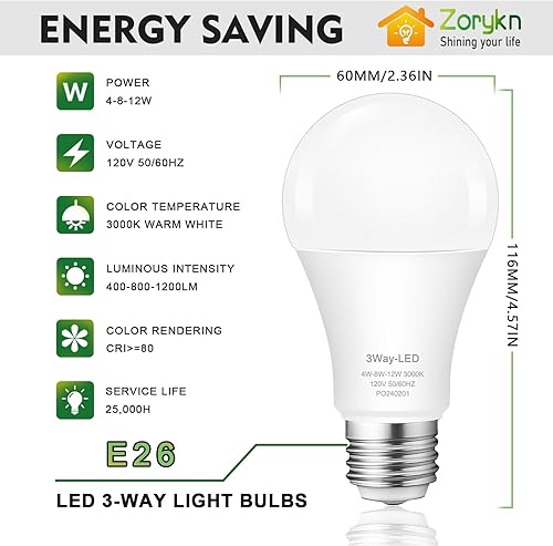 Miniatura 4 de Bombillas de 3 vías 30 70 100 blanco cálido, A19 3000K, 4812 W ahorro de energía 400 800 1200 lúmenes, bombillas LED de base E26 perfectas para