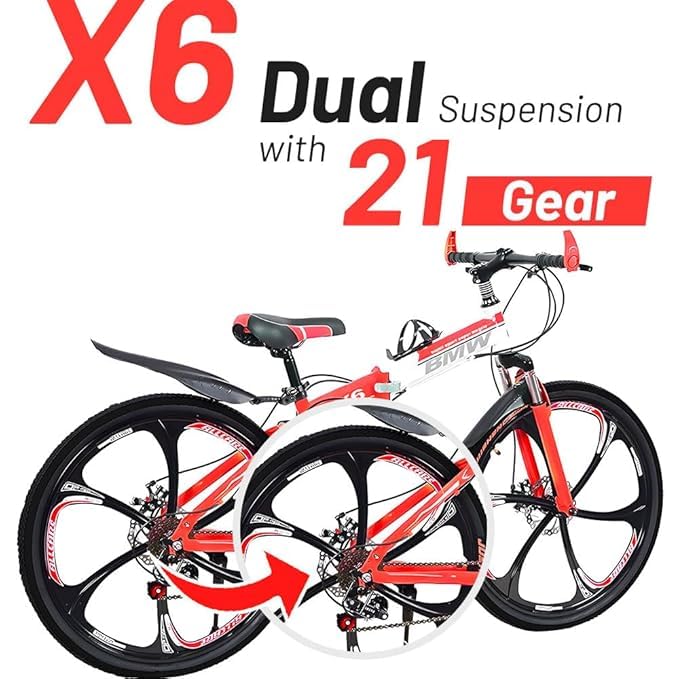 Image of Amaze Kai Dual Suspension Bikes Bm Foldable Gear Cycle for Men with 21 Speed Gear 6 Spoke | Folding Mountain Bike with Double Disc Break & Mac Wheel, 26 Inch (Red)