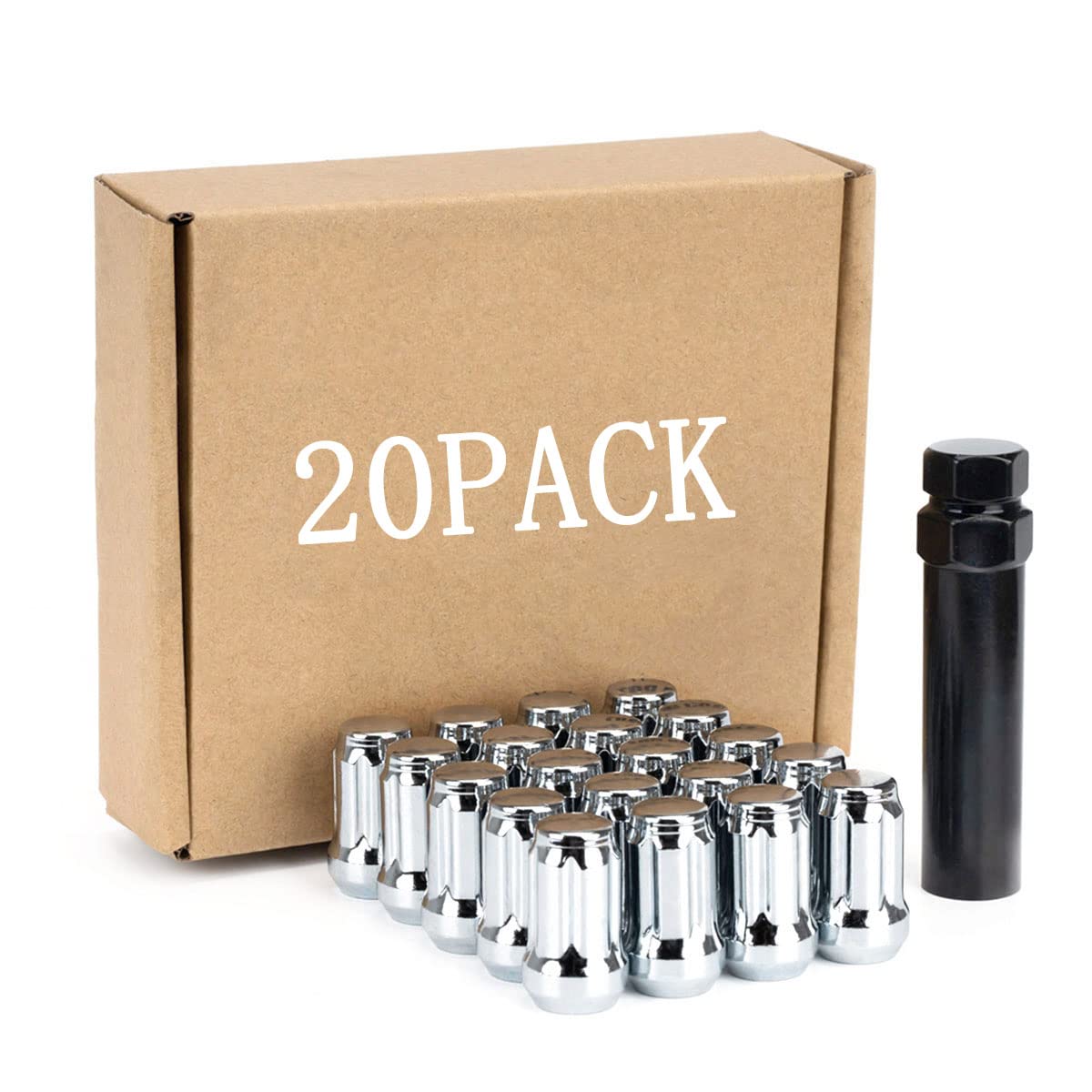 M12x1.5 Lug Nuts Chrome with Spline Tuner, JiiinMiiin Locking Aftermarket Wheel Nut 1.38 inch Length with 1 Socket Key, 60 Degree Conical/Cone Bulge Seat Closed End. 20PACK