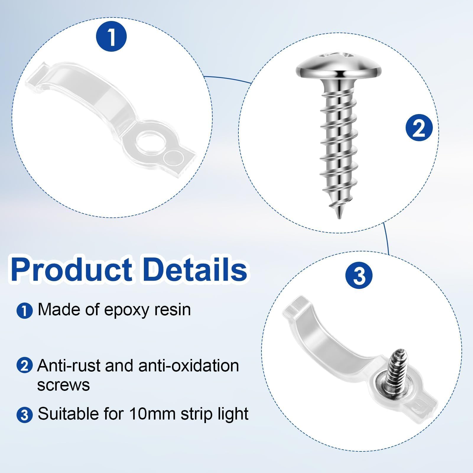 100 Pcs LED Strip Clips Cord Organiser Cable Clips Waterproof Outdoor Light Wire Fixing Mounting Brackets Holder with Screws for Cable Management Christmas Hanging Decorations - Image 3