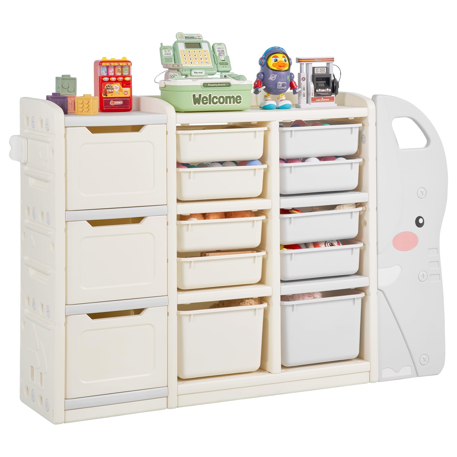 VEVOR Meuble de Rangement Jouets Enfant à 4 Niveaux en Forme d'éléphant, étagère Organisateur de Jouets avec 10 bacs Amovibles en Plastique, pour Salle de Jeux, Salle de Classe, crèche, Gris et Beige