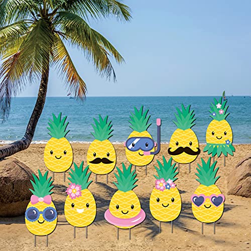 Tropical Pineapple Yard Sign Outdoor Lawn Decorations,Smile Pineapple Yard Signs,Summer Party Yard Signs,10Pcs Tropical Pineapple for Beach/Patio/Garden/Festive Atmosphere.