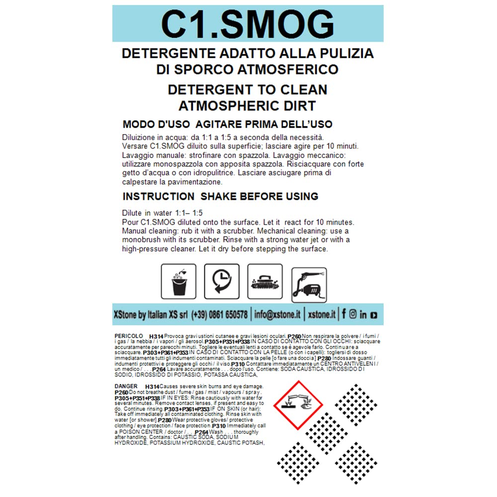 Detergente per la PULIZIA DI SMOG E SPORCO ATMOSFERICO, per rimozione di incrostazioni dovute allossido di carbonio su marmi, graniti, pietre naturali, cemento, cotto ecc. 1 Litro