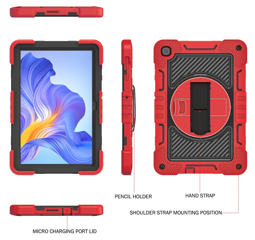 Etui na tablet Honor Pad X8 AGM3-W09HN 25.7 cm, etui na tablet, odporne na wstrząsy, z obrotowym stojakiem o 360° i paskiem na nadgarstek, pasek na ramię, duże, czerwone + czarne